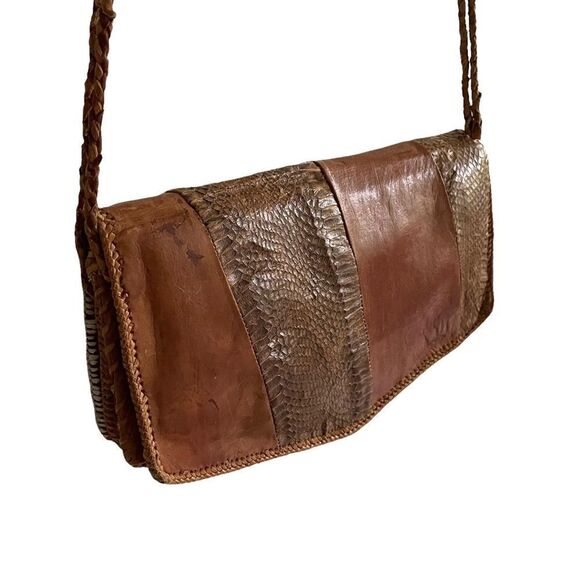 Vintage Handmade Brown Leather Snakeskin Shoulder Crossbody Clutch Purse Bag - Picture 8 of 14